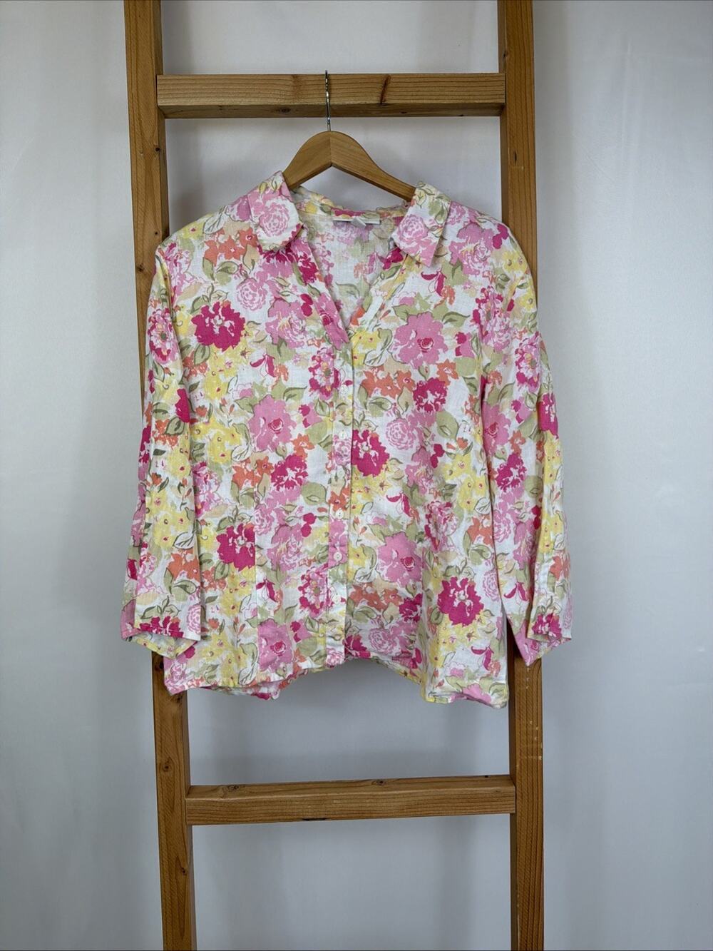 JM Collection Off White Multicolor Floral Button Up Top XL Linen Button Blouse